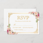 ヴィンテージ金ゴールドフレームピンクフローラ結婚式RSVP返信 出欠カード (正面/裏面)