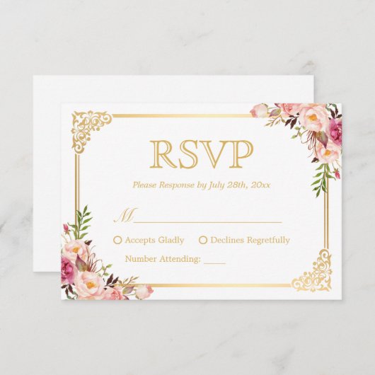ヴィンテージ金ゴールドフレームピンクフローラ結婚式RSVP返信 出欠カード (正面/裏面)