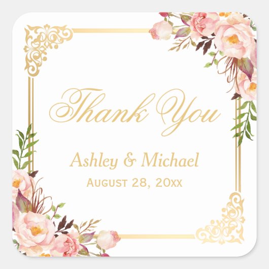 ヴィンテージ金ゴールドフレームフローラありがとう結婚式の引き出物 スクエアシール (正面)