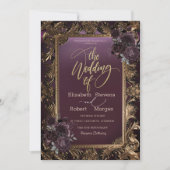 ヴィンテージ金ゴールドフレームブルゴーニュバラ結婚ズ 招待状 (正面)