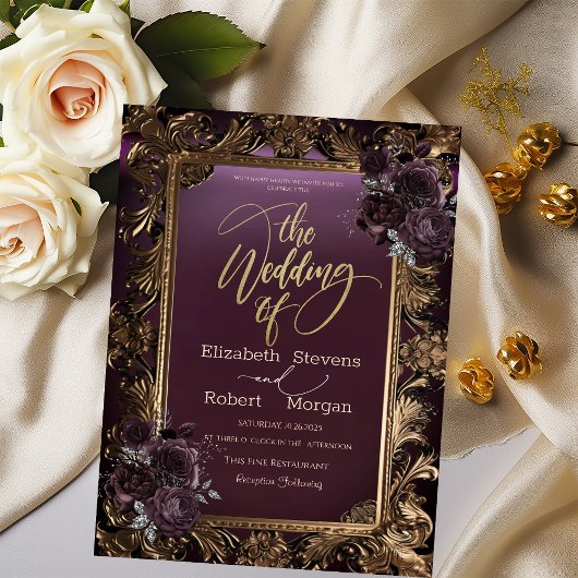ヴィンテージ金ゴールドフレームブルゴーニュバラ結婚ズ 招待状