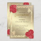 ヴィンテージ金ゴールドフレーム赤いバラのキンセアニラ 招待状 (正面/裏面)