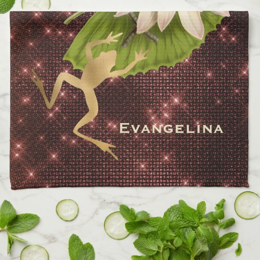 ヴィンテージ金ゴールドフロッグリリーパッドフローラ  キッチンタオル (折り畳み)