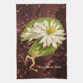 ヴィンテージ金ゴールドフロッグリリーパッドフローラ  キッチンタオル (縦)