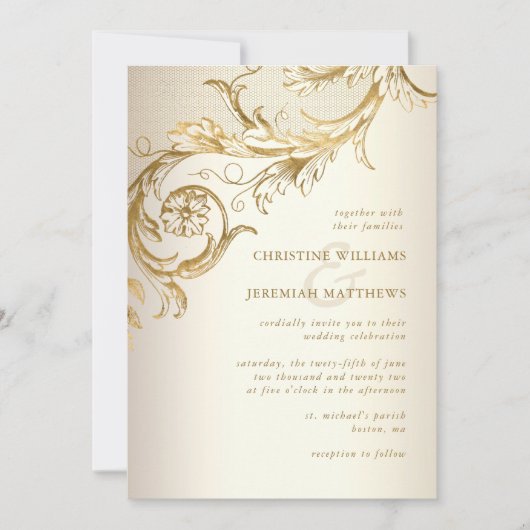 ヴィンテージ金ゴールドフローラすべてのRSVPの結婚Damask 招待状 (正面)