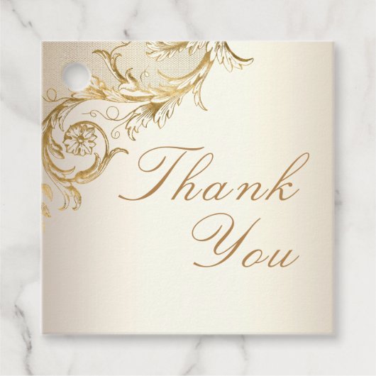 ヴィンテージ金ゴールドフローラエレガントダマスク結婚スクリプト フェイバータグ (正面)