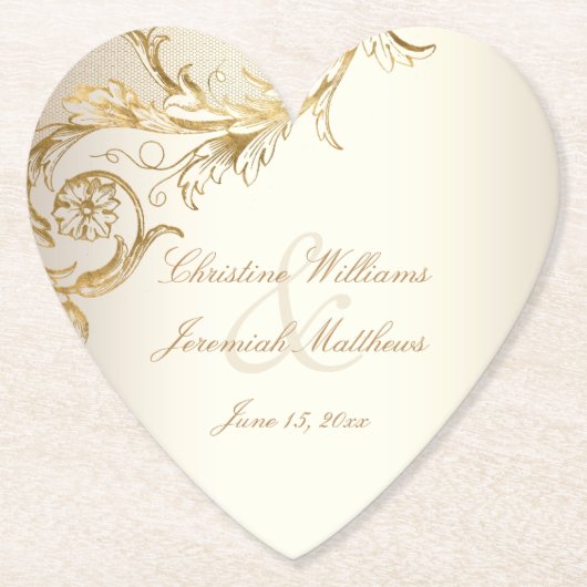 ヴィンテージ金ゴールドフローラエレガントダマスク結婚スクリプト ペーパーコースター (正面)