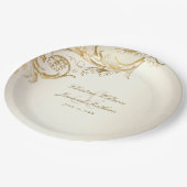 ヴィンテージ金ゴールドフローラエレガントダマスク結婚スクリプト ペーパープレート (アングル)