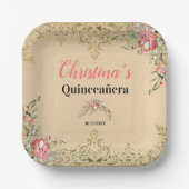 ヴィンテージ金ゴールドフローラキンセアニラ誕生日 ペーパープレート (正面)