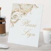 ヴィンテージ金ゴールドフローラダマスクウェディングゲストブック 台座サイン (インサイチュ)