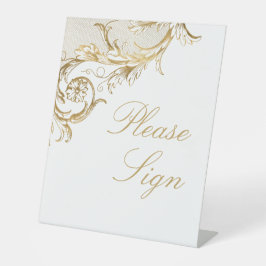 ヴィンテージ金ゴールドフローラダマスクウェディングゲストブック 台座サイン