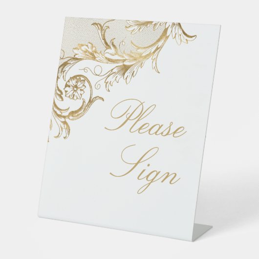 ヴィンテージ金ゴールドフローラダマスクウェディングゲストブック 台座サイン (正面)