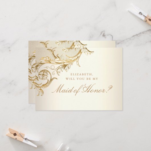 ヴィンテージ金ゴールドフローラダマスクスクリプトメイド・オブ・オーナー（花嫁付き添い人） 招待状 (正面/裏面インサイチュ)