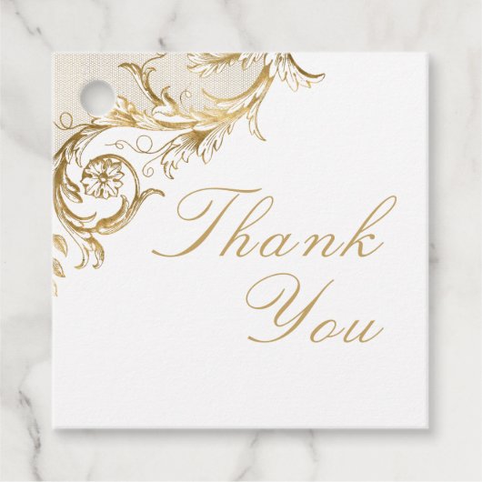 ヴィンテージ金ゴールドフローラダマスクスクリプト白結婚色 フェイバータグ (正面)