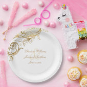 ヴィンテージ金ゴールドフローラダマスクスクリプト白結婚色 ペーパープレート (パーティー)