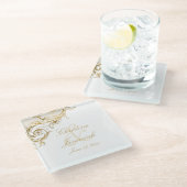 ヴィンテージ金ゴールドフローラダマスクスクリプト結婚名 ガラスコースター (アングル)