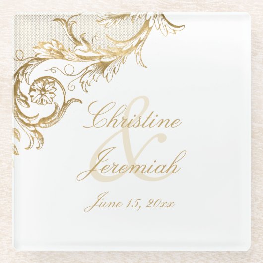 ヴィンテージ金ゴールドフローラダマスクスクリプト結婚名 ガラスコースター (正面)