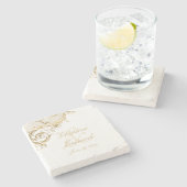 ヴィンテージ金ゴールドフローラダマスクスクリプト結婚名 ストーンコースター (横)