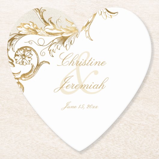 ヴィンテージ金ゴールドフローラダマスクスクリプト結婚名 ペーパーコースター (正面)