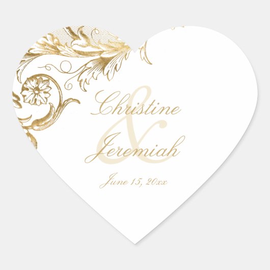 ヴィンテージ金ゴールドフローラダマスク結婚スクリプトホワイト ハートシール (正面)