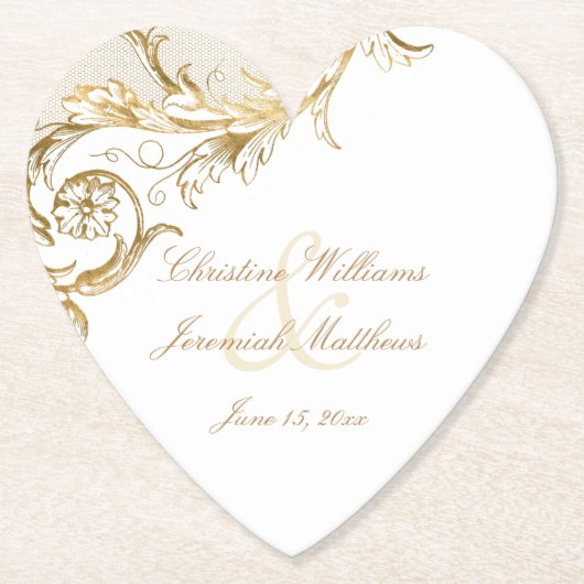 ヴィンテージ金ゴールドフローラダムスクリ結婚プト白のPa ペーパーコースター (正面)