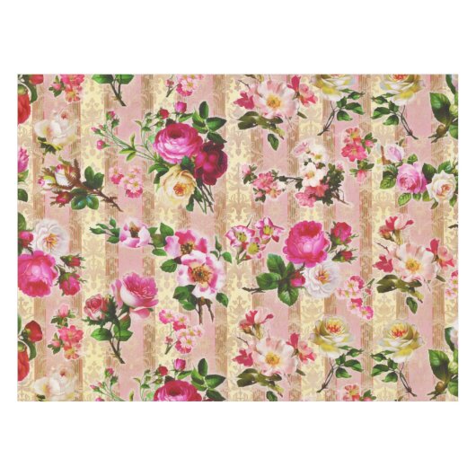 ヴィンテージ金ゴールドフローラピンクローズダマスク テーブルクロス (正面(横))