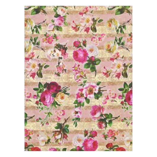 ヴィンテージ金ゴールドフローラピンクローズダマスク テーブルクロス (正面)