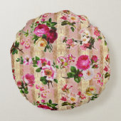 ヴィンテージ金ゴールドフローラピンクローズダマスク ラウンドクッション (裏面)