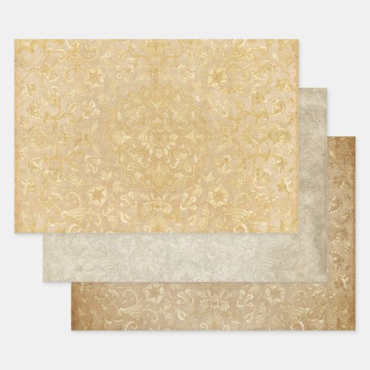 ヴィンテージ金ゴールドフローラメダリオンデコペ華美 ラッピングペーパーシート (セット)