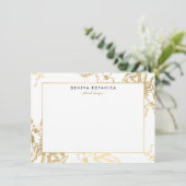 ヴィンテージ金ゴールドフローラルパターンホワイトフラットノートカード (スタンド正面)