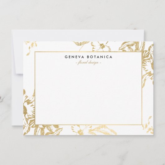ヴィンテージ金ゴールドフローラルパターンホワイトフラットノートカード (正面)