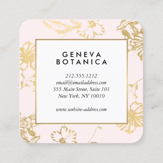 ヴィンテージ金ゴールドフローラルパターンonピンクデザイナー スクエア名刺 (裏面)