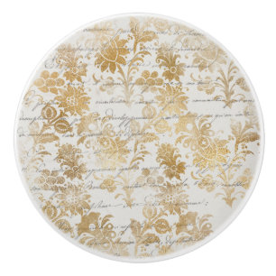 ヴィンテージ金ゴールドフローラ セラミックノブ