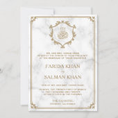 ヴィンテージ金ゴールドフローリッシュホワイトマーブルイスラム結婚ズ 招待状 (正面)