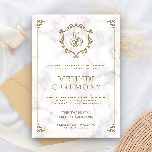 ヴィンテージ金ゴールドフローリッシュホワイトマーブルイスラムMehndi エンクロージャーカード