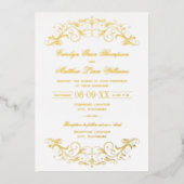 ヴィンテージ金ゴールドフローリッシュ結婚ホワイト 箔招待状 (正面)