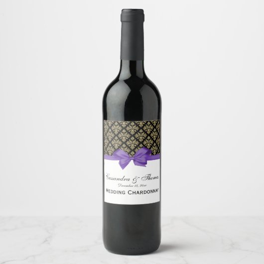 ヴィンテージ金ゴールドブラックダマスクアメジストパープル ワインラベル (正面)