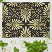ヴィンテージ金ゴールドブラックダマスクアールデコファン キッチンタオル (折り畳み)