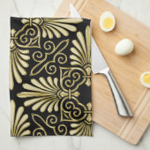 ヴィンテージ金ゴールドブラックダマスクアールデコファン キッチンタオル (四つ折り)