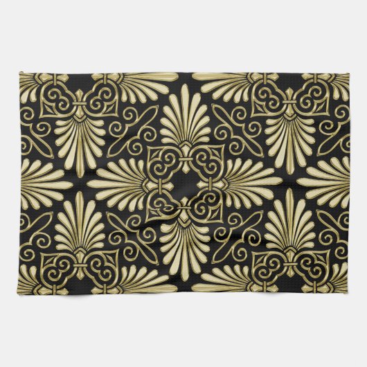 ヴィンテージ金ゴールドブラックダマスクアールデコファン キッチンタオル (横)