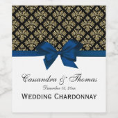 ヴィンテージ金ゴールドブラックダマスクネイビーブルーボウ ワインラベル (シングルラベル)