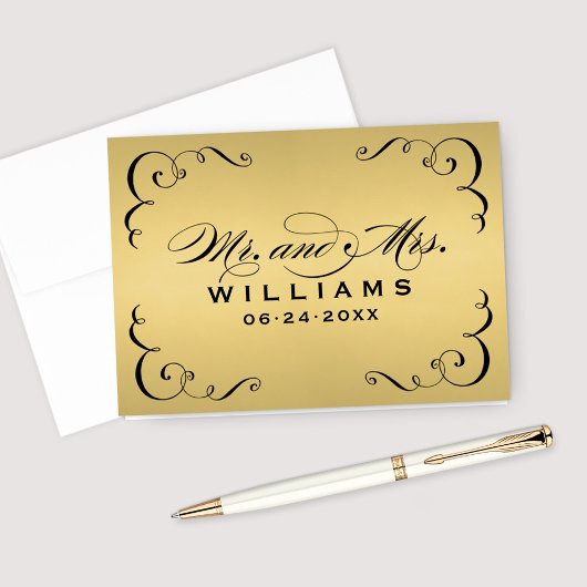 ヴィンテージ金ゴールドブラック書道モノグラム結婚ズ サンキューカード