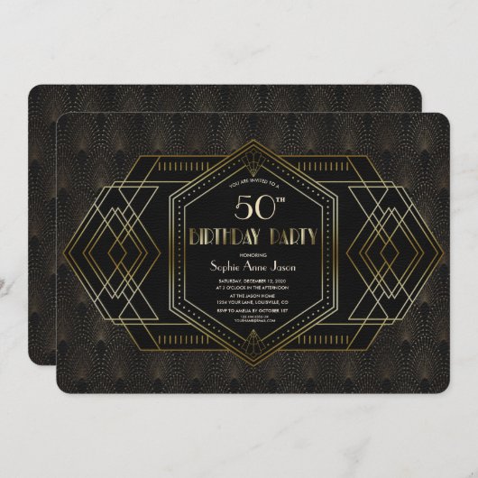 ヴィンテージ金ゴールドブラック素晴らしギャツビー誕生日パーティー 招待状 (正面/裏面)