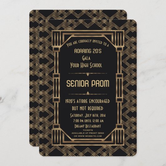 ヴィンテージ金ゴールドブラック素晴らしギャツビー1920sシニアプロム 招待状 (正面/裏面)