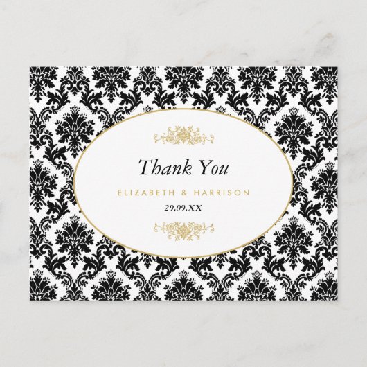 ヴィンテージ金ゴールドブラック&ホワイトダマスクウェディング感謝してい ポストカード (正面)
