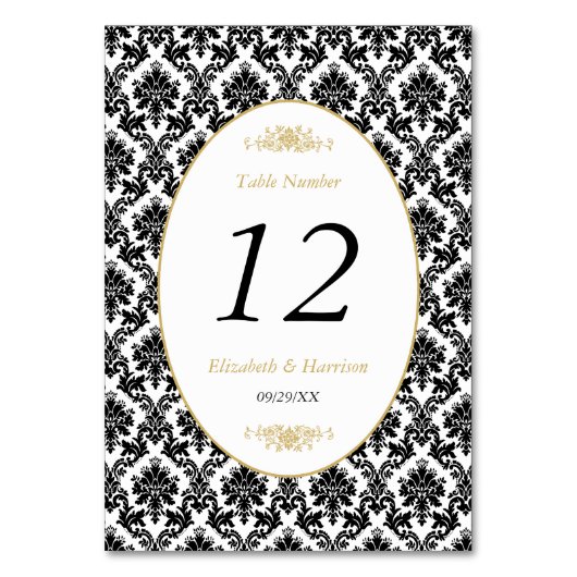 ヴィンテージ金ゴールドブラック&ホワイトダマスクウェディング テーブルナンバー (正面)