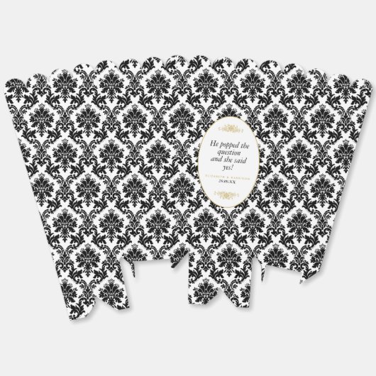 ヴィンテージ金ゴールドブラック&ホワイトダマスクウェディング フェイバーボックス (見開き)