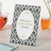 ヴィンテージ金ゴールドブラック&ホワイトダマスクウェディング 台座サイン (インサイチュ)