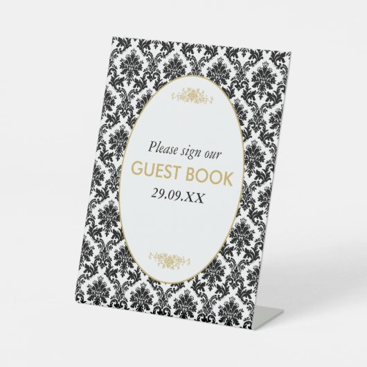 ヴィンテージ金ゴールドブラック&ホワイトダマスクウェディング 台座サイン (正面)