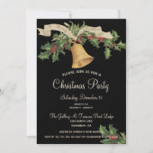 ヴィンテージ金ゴールドベルメリークリスマスリボンディナーパーティー 招待状 (正面)